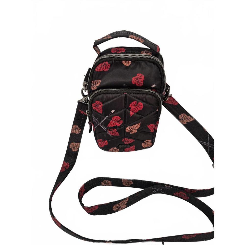 Lug Skeeter Mini Black Crossbody Bag Dagger Rose with Red and Tan Leaf Print